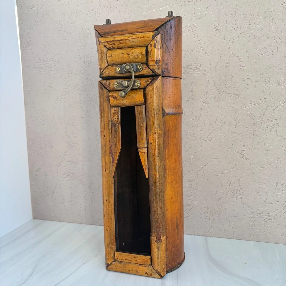 Handcrafted Bamboo Wine Bottle Gift Box Rustic Natural Wood Carrier with Latch